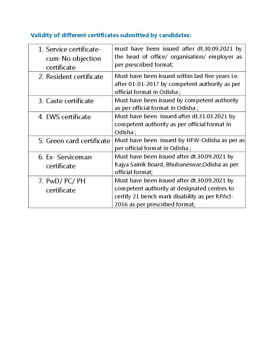 Odisha PG Medical Admission 2021 Guidelines for Reservation Certificates - Page 1