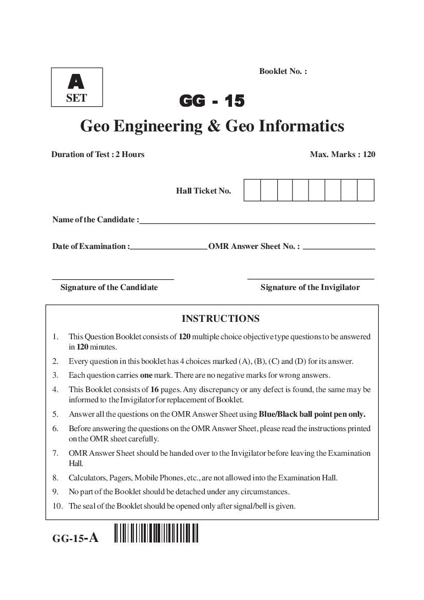 AP PGECET 2015 Question Paper for Geo Engineering  Geoinformatics - Page 1