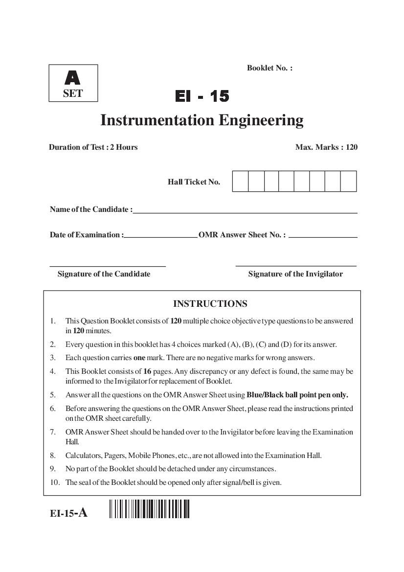 AP PGECET 2015 Question Paper for Instrumentation Engineering - Page 1