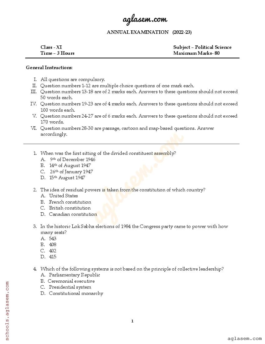 Class 11 Political Science Question Paper 2023 (PDF) - 11th Annual Exam ...