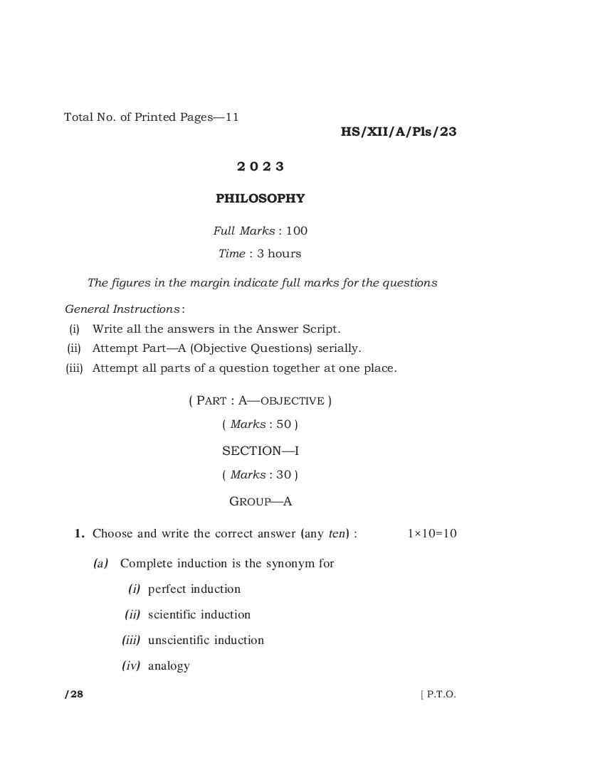 MBOSE Class 12 Question Paper 2023 for Philosophy - Page 1