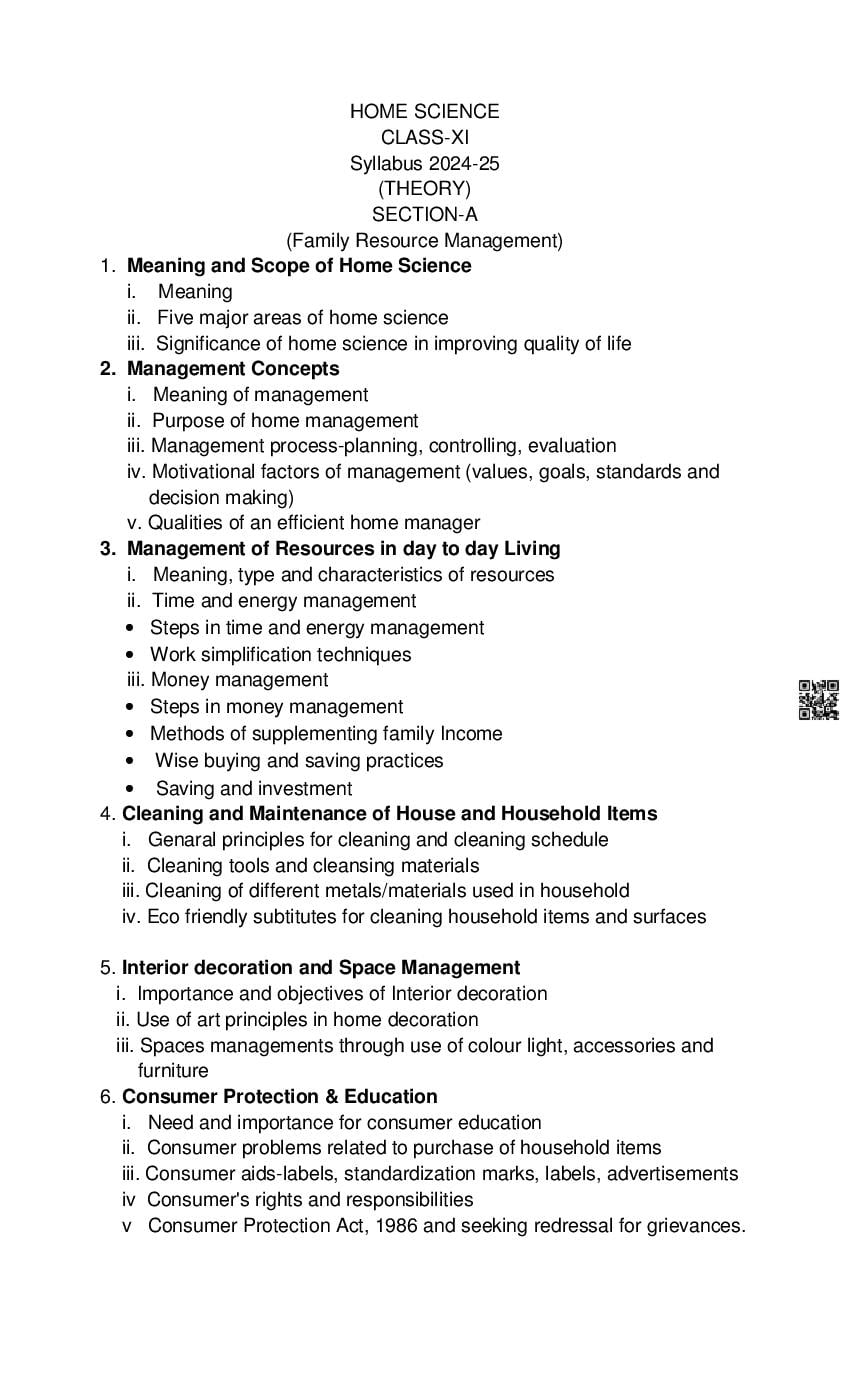 PSEB Class 11 Home Science Syllabus (PDF)