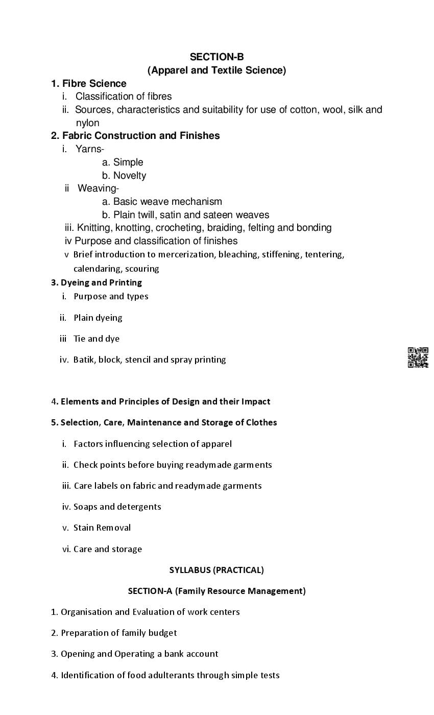 PSEB Class 11 Home Science Syllabus (PDF)