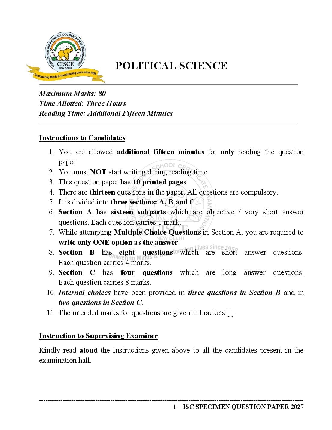 ISC Class 12 Sample Paper 2027 Political Science - Page 1 of 19