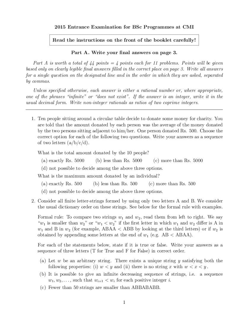CMI Entrance Exam 2015 Question Paper for B.Sc (Hons.) Mathematics and Computer Science - Page 1