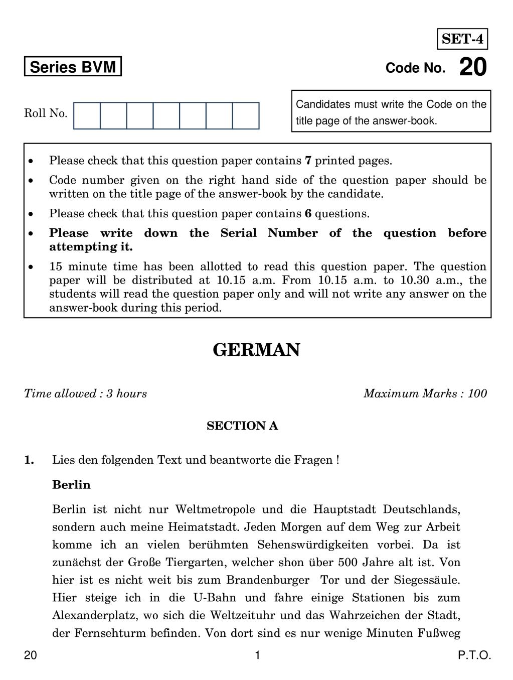 CBSE Class 12 German Question Paper 2019 - Page 1