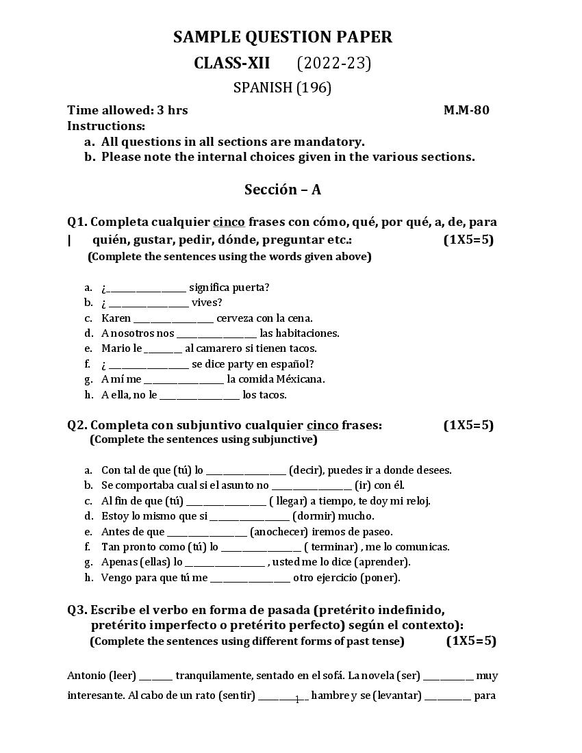 CBSE Class 12 Sample Paper 2023 Spanish - Page 1