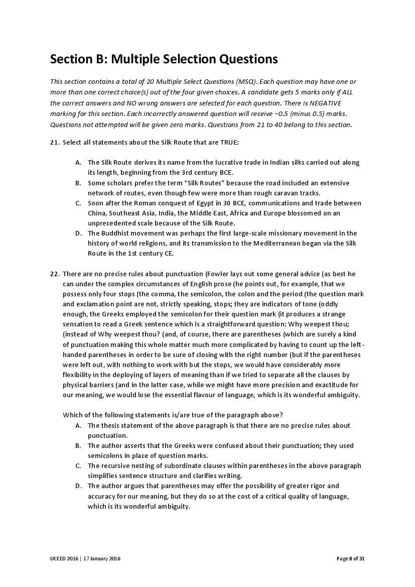UCEED 2016 Question Paper PDF with Final Answer Key