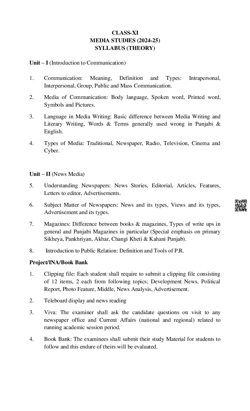 PSEB Class 11 Media Studies Syllabus (PDF)