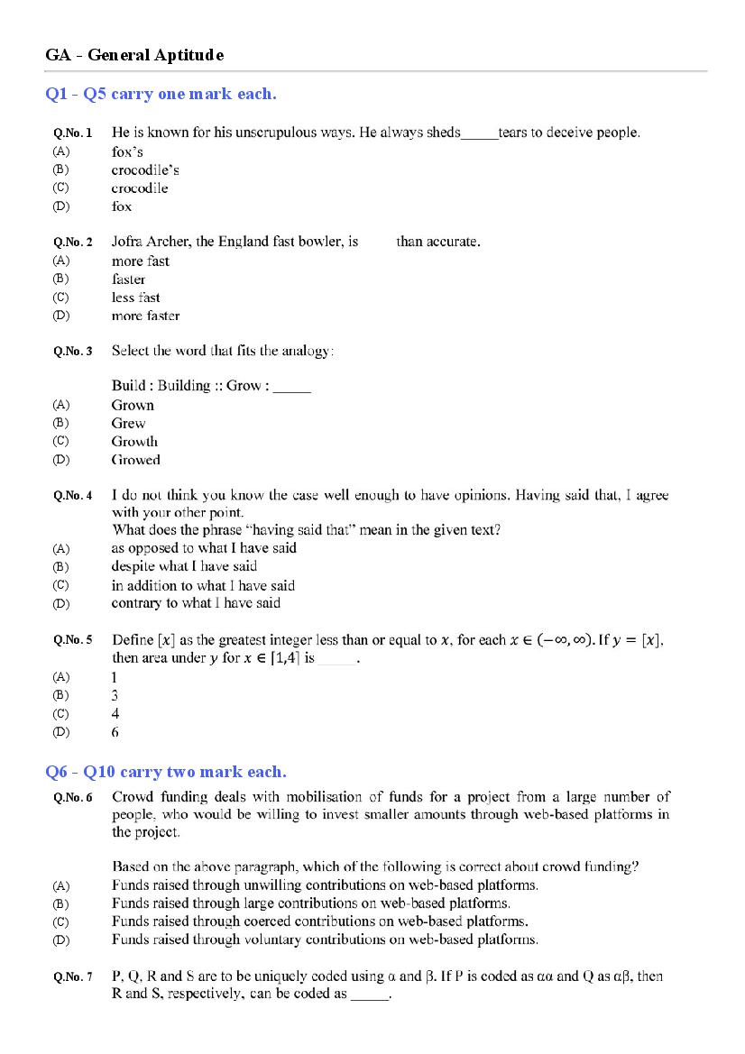 GATE 2020 Mechanical Engineering (ME 1) Question Paper with Answer Key - Page 1