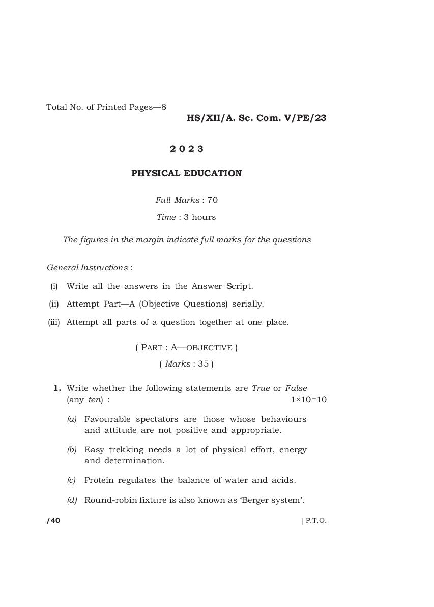 MBOSE Class 12 Question Paper 2023 for Physical Education - Page 1