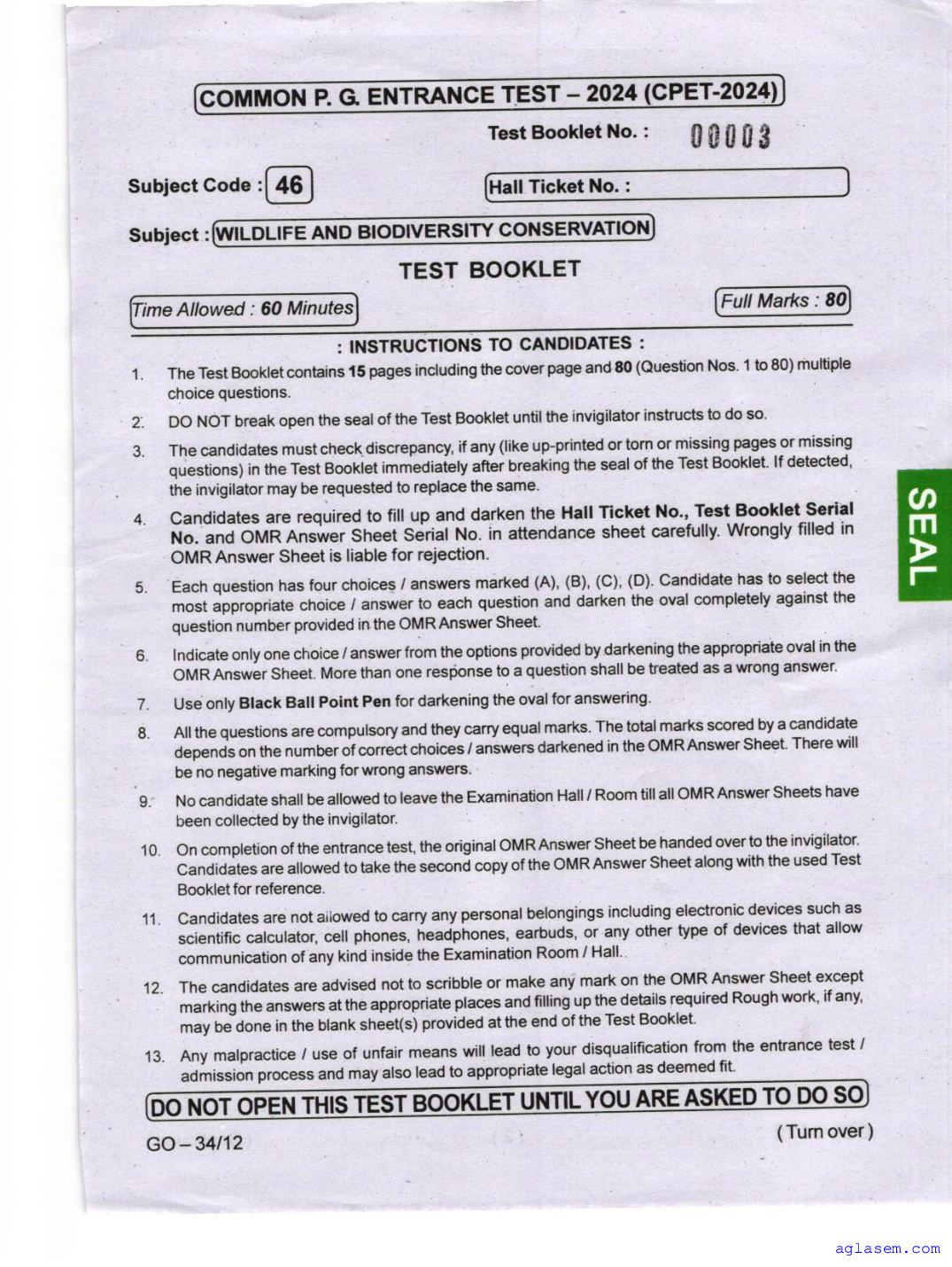 Odisha CPET 2024 Question Paper Wildlife and Biodiversity Conservation - Page 1 of 16