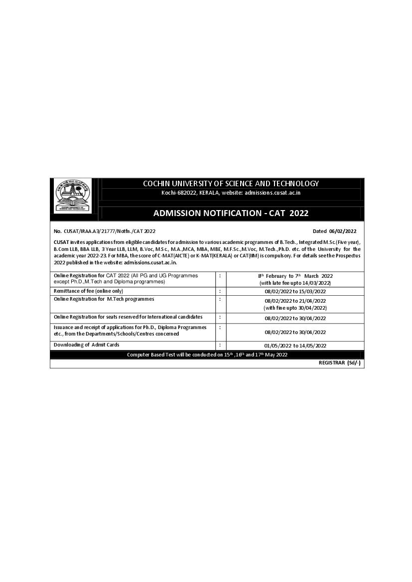 CUSAT 2022 Notification - Page 1