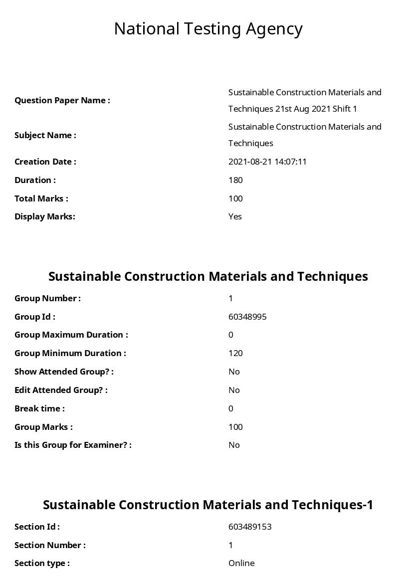 ARPIT 2021 Question Paper for Sustainable Construction Materials and Techniques