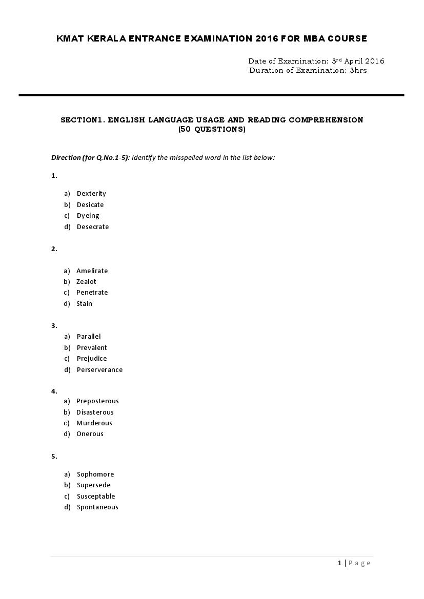 KMAT Kerala 2016 Question Paper (Apr) - Page 1 of 35