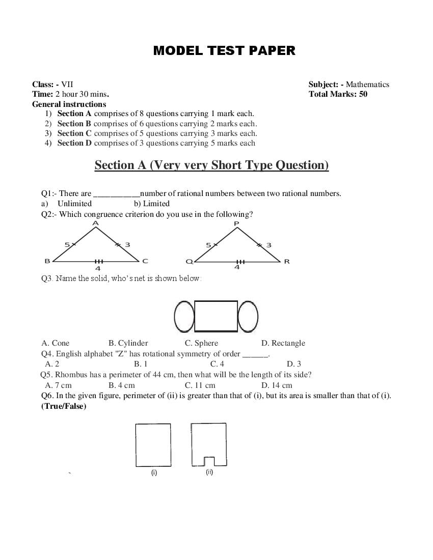 JKBOSE 7th Class Model Paper 2024 Maths - Page 1
