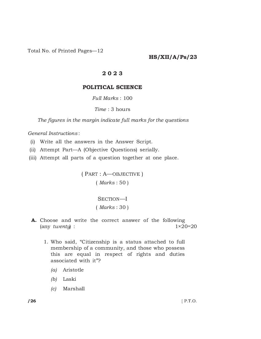 MBOSE Class 12 Question Paper 2023 for Political Science - Page 1