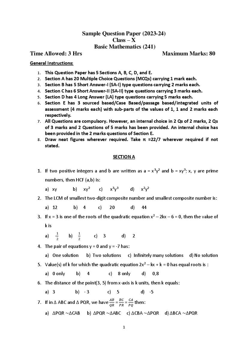 CBSE Class 10 Maths Basic Sample Paper 2024 (PDF with Solutions