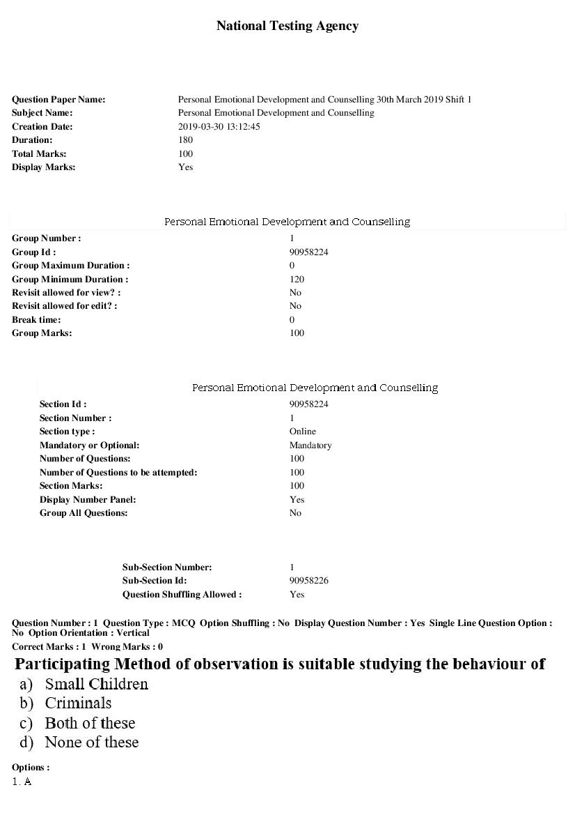 ARPIT 2019 Question Paper for Personal Emotional Development and Counselling - Page 1 of 34