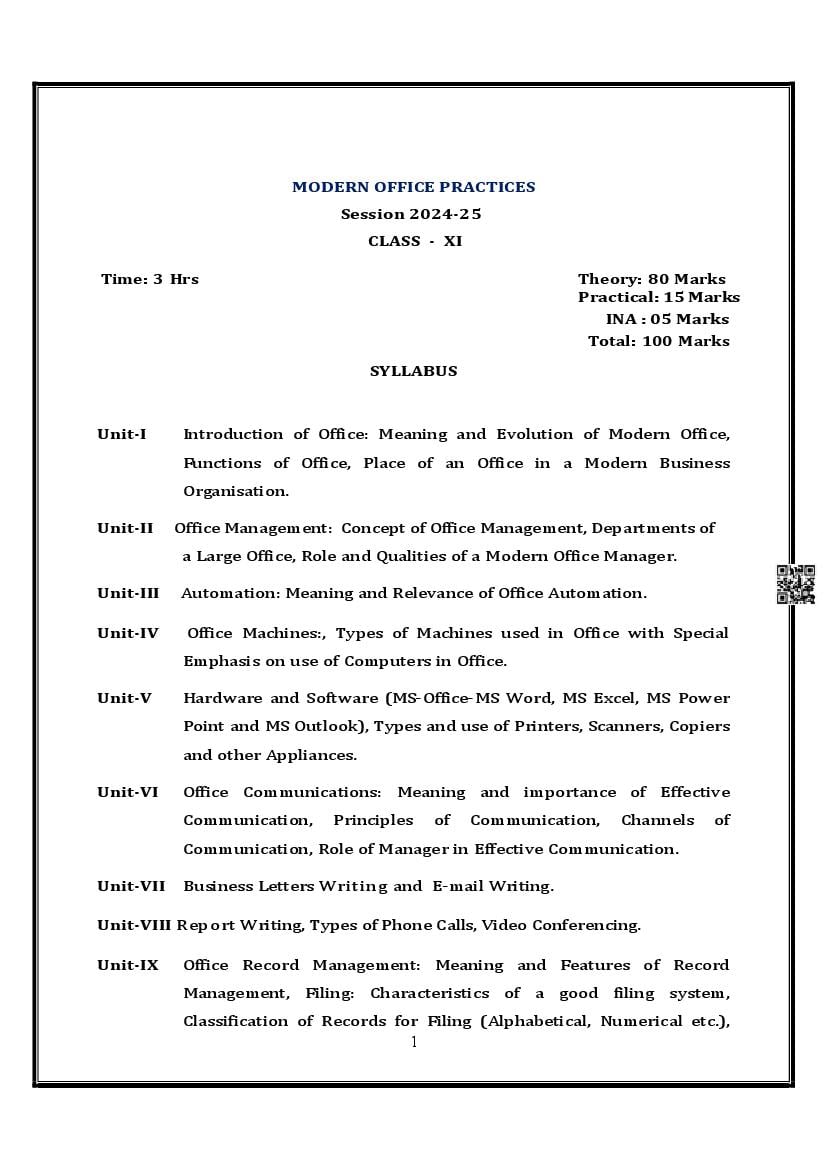 PSEB Class 11 Modern Office Practices Syllabus (PDF)