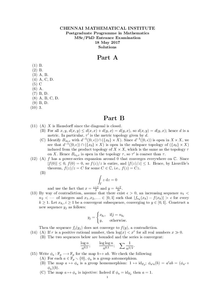 CMI Entrance Exam 2017 Question Paper Solution M.Sc Maths