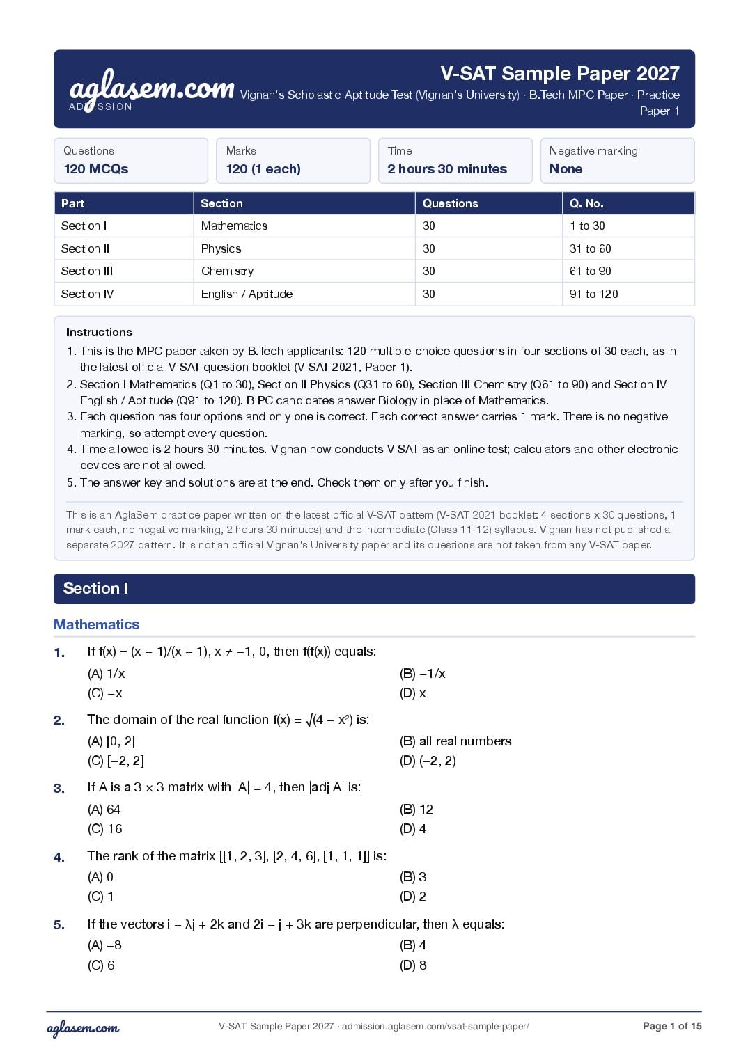 VSAT 2027 Sample Paper B.Tech MPC - Page 1 of 15