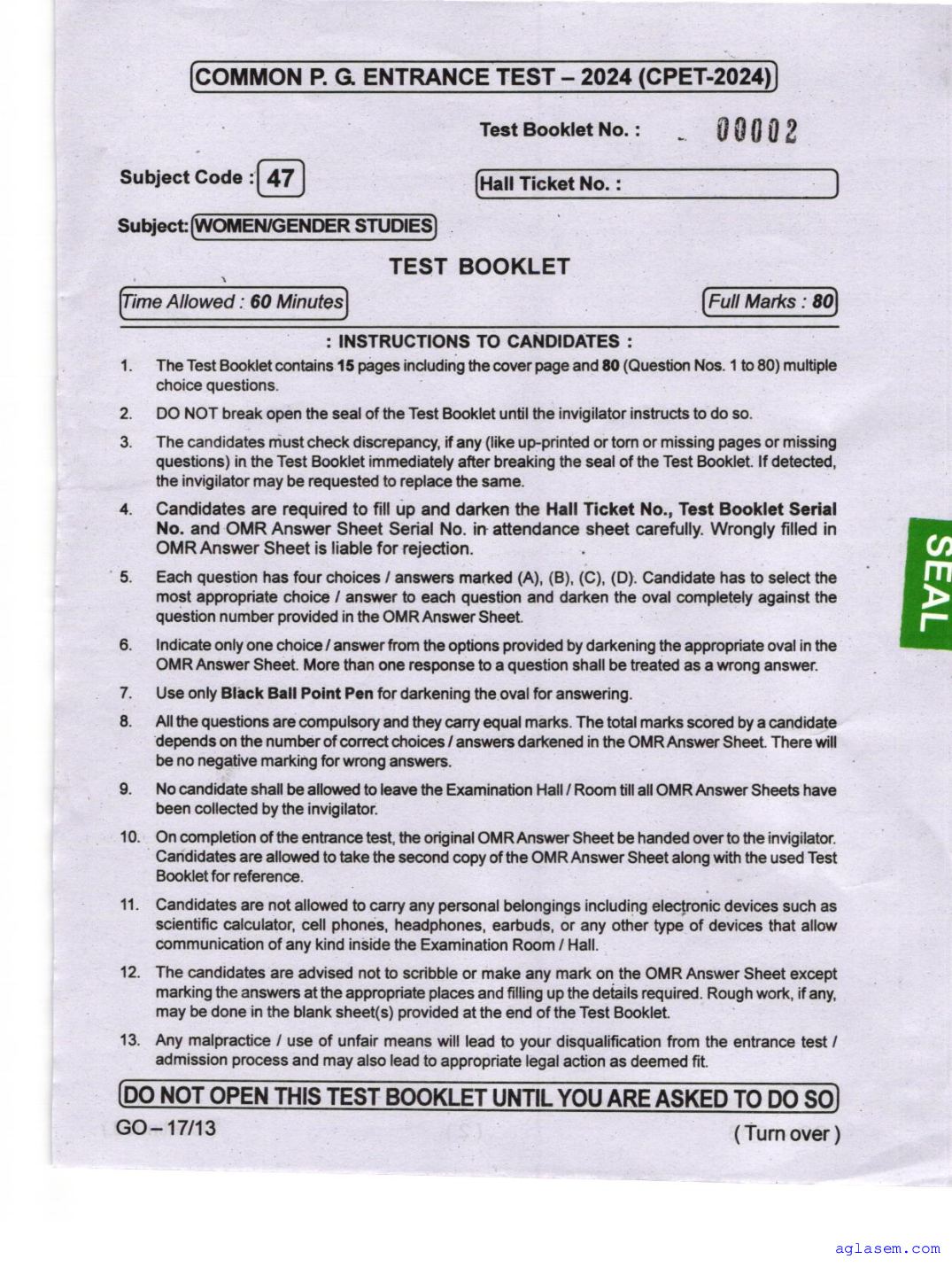 Odisha CPET 2024 Question Paper Women-Gender Studies - Page 1 of 16