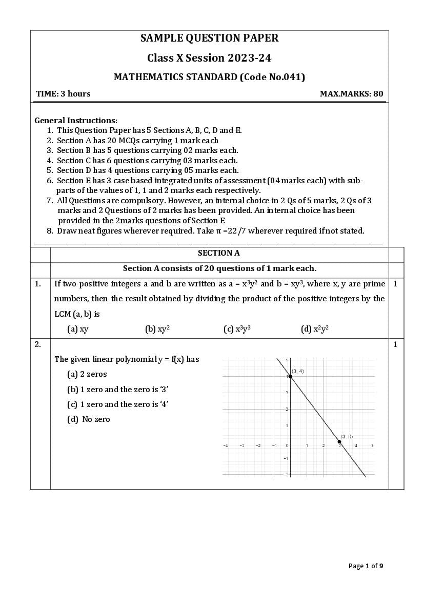 CBSE Class 10 Maths Standard Sample Paper 2024 PDF With Solutions 