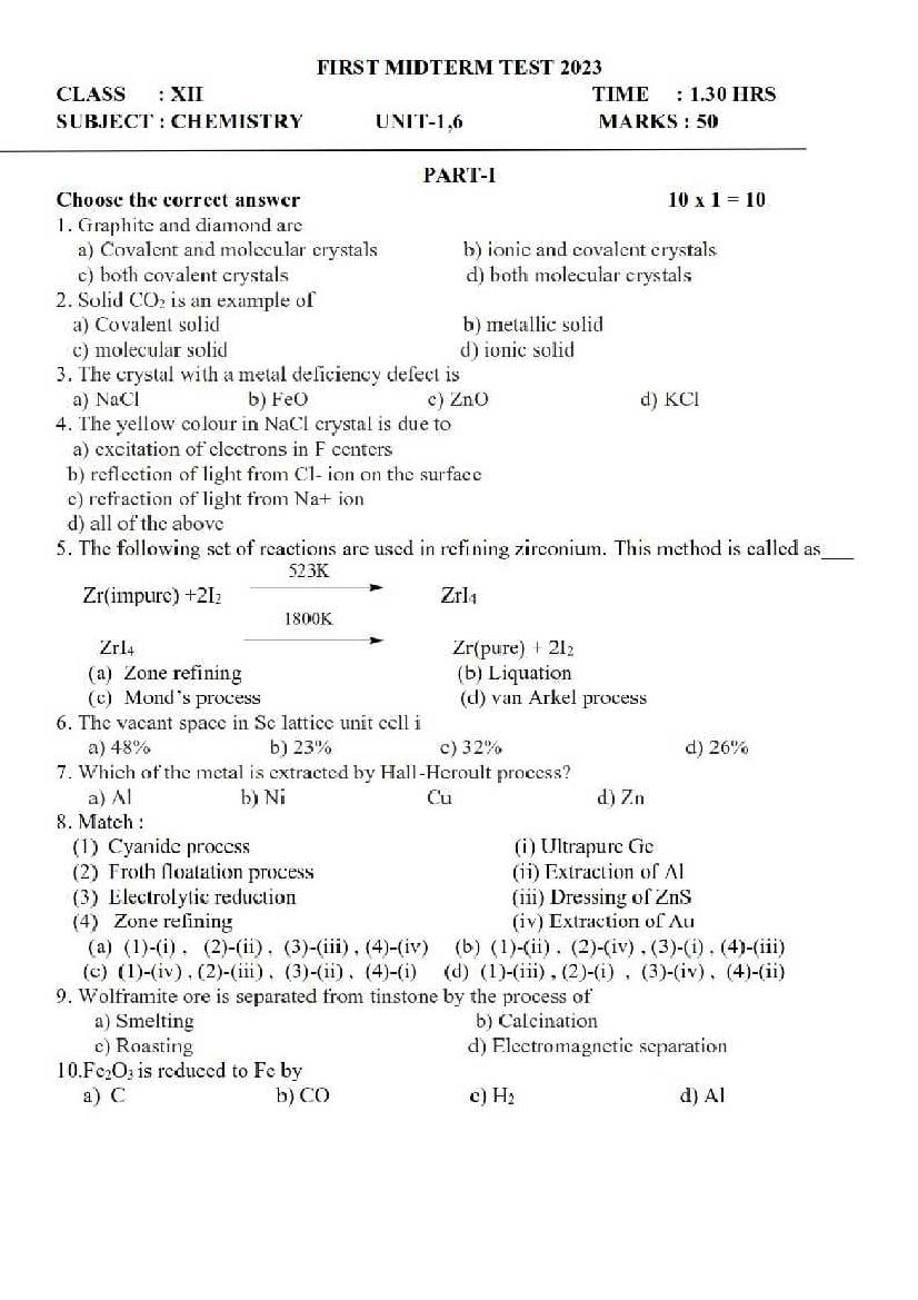 TN Class 12 First Mid Term Question Paper 2023 Chemistry - Page 1
