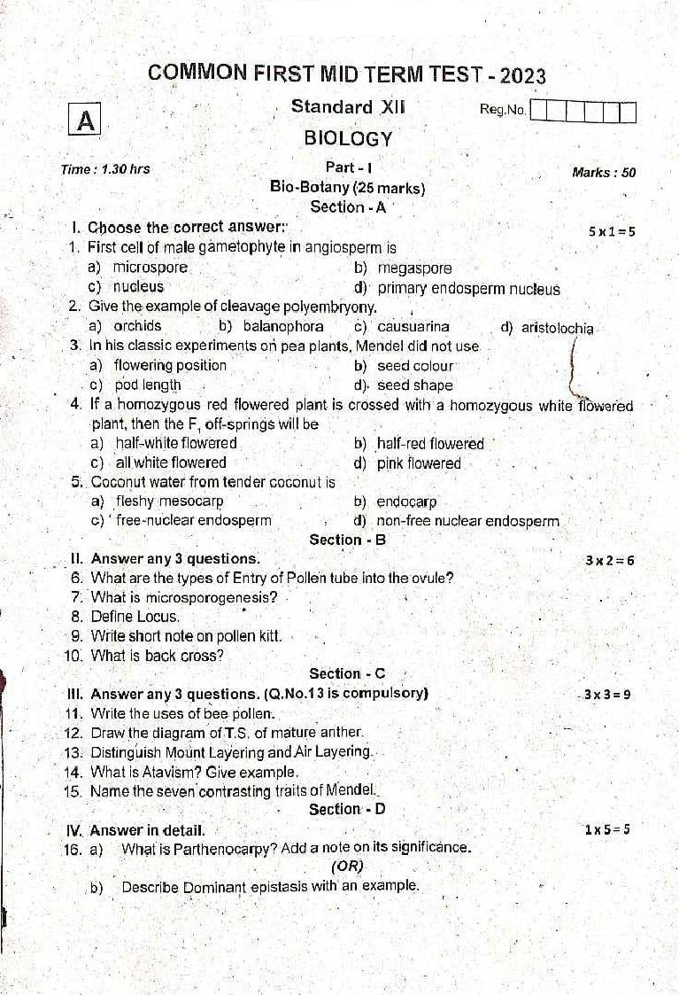 TN Class 12 First Mid Term Question Paper 2023 Biology - Page 1