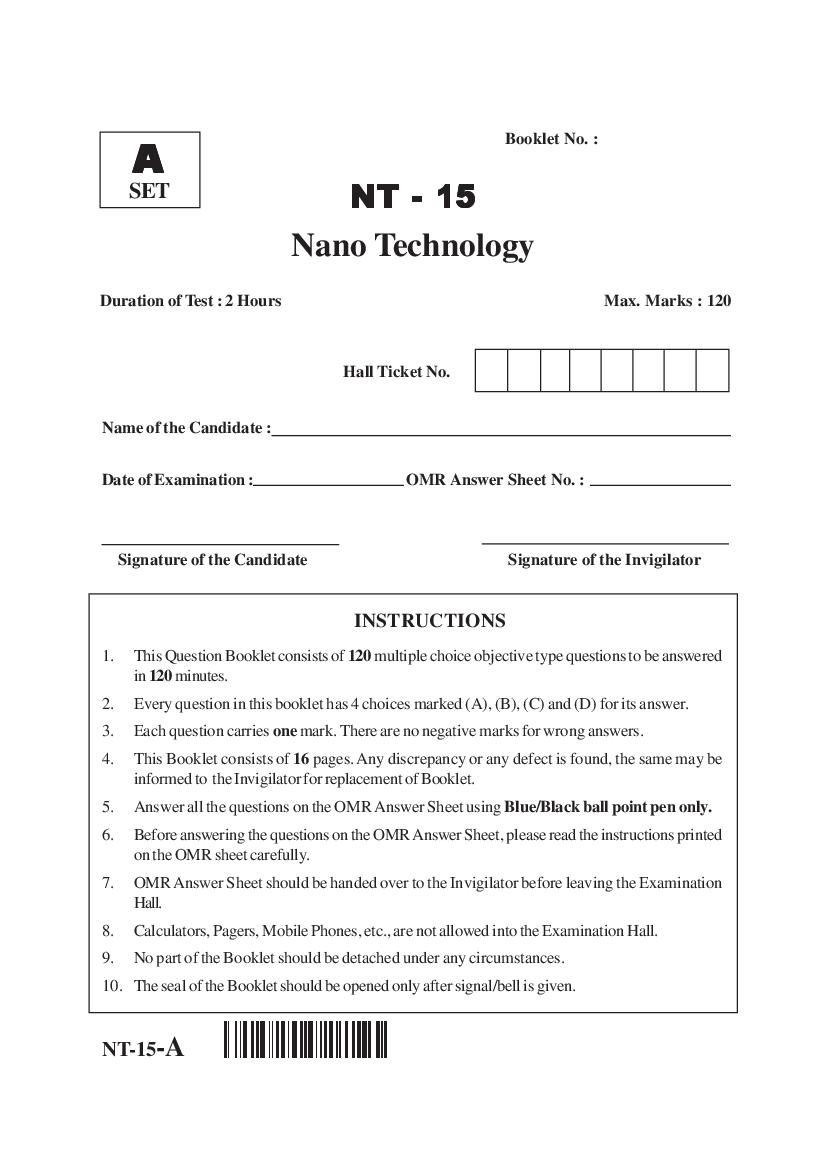 AP PGECET 2015 Question Paper for Nano Technology - Page 1 of 16