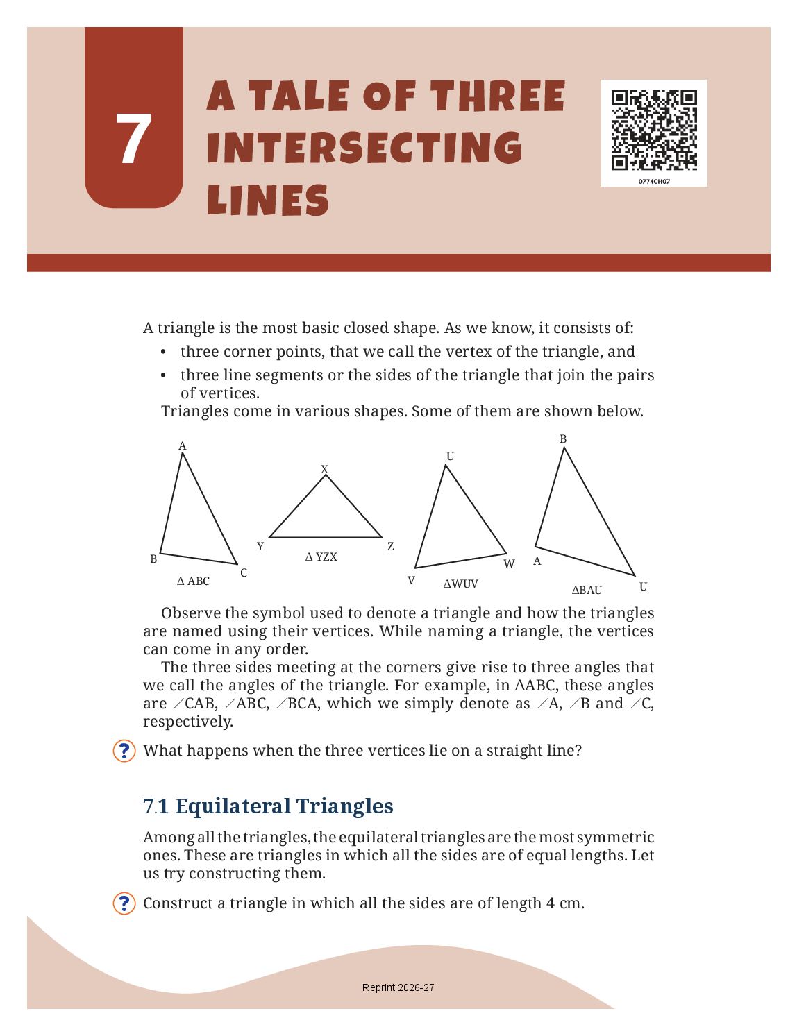 NCERT Book Class 7 Mathematics (Part I) Chapter 7 A Tale of Three Intersecting Lines - Page 1 of 34