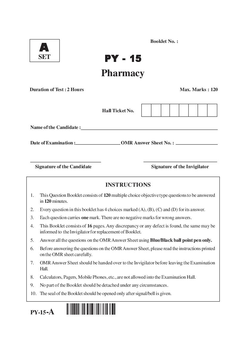 AP PGECET 2015 Question Paper for Pharmacy - Page 1 of 16
