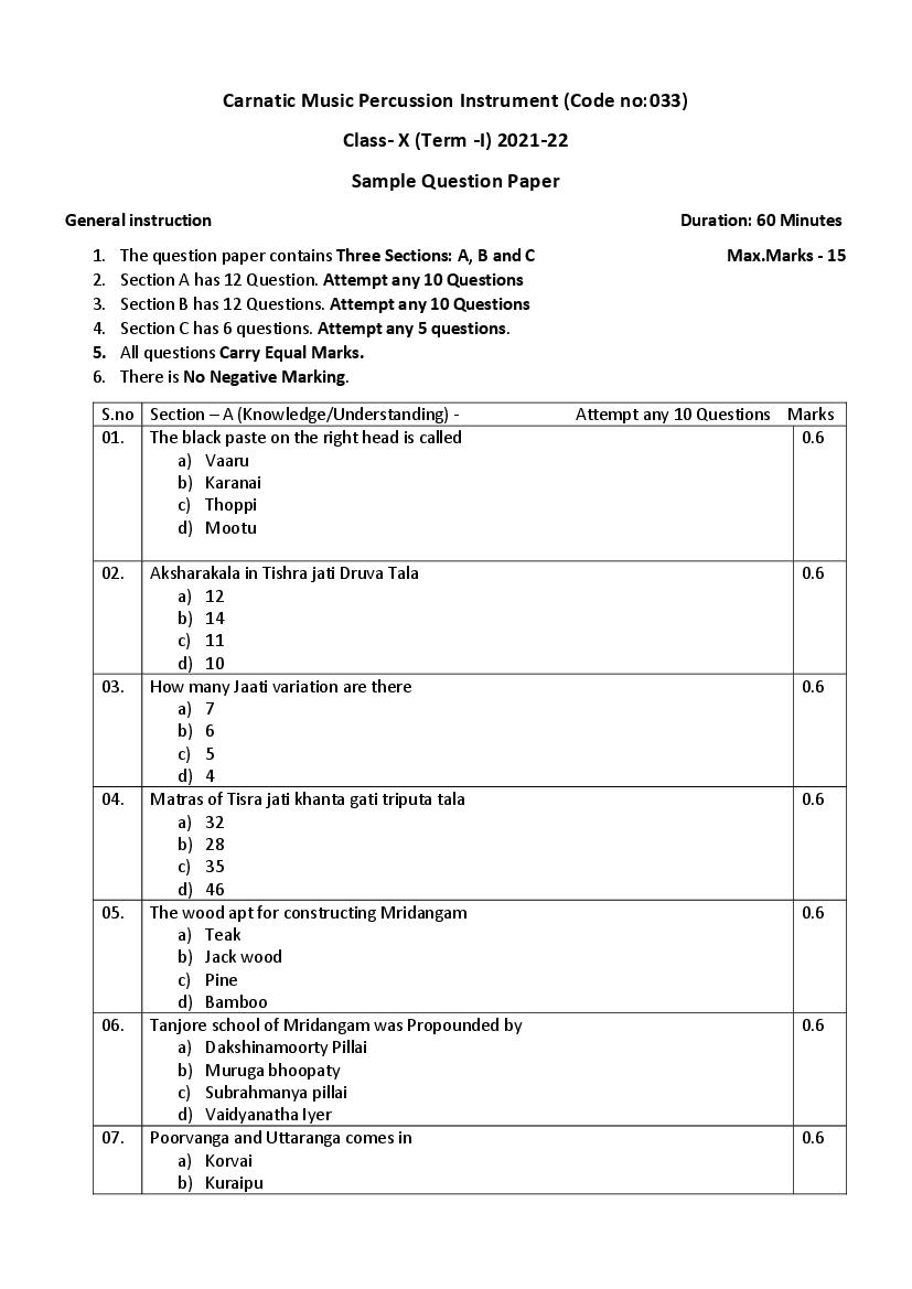 CBSE Class 10 Sample Paper 2022 for Carnatic Music Percussion - Page 1