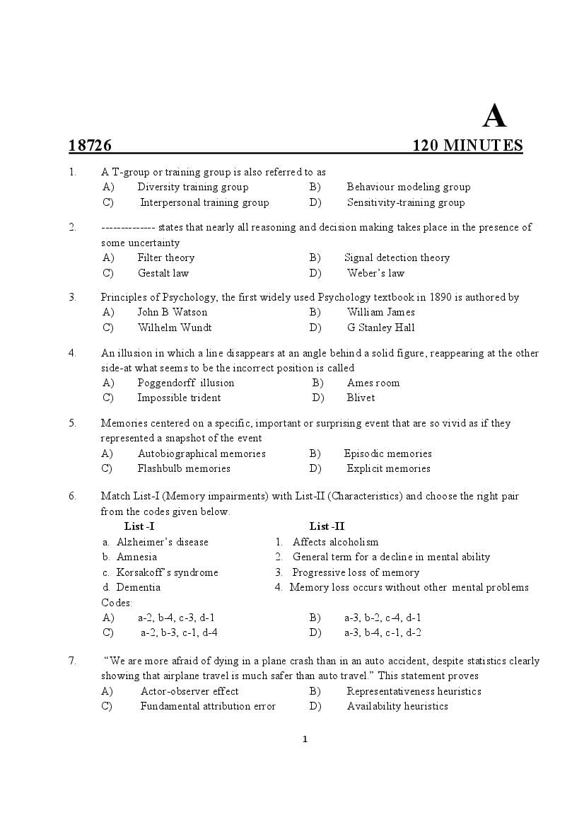 Kerala SET 2018 Jul Question Paper Psychology - Page 1 of 21