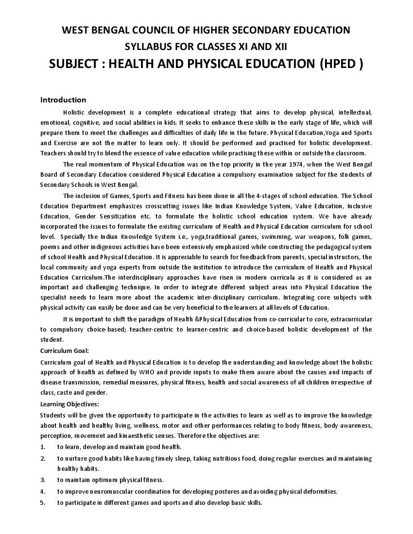 WBCHSE Class 12 Syllabus 2024 Health and Physical Education - Page 1