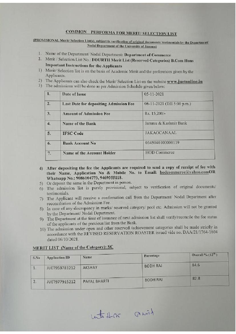 JUET 2021 4th Reserved Category Merit List for B.Com (Hons.) - Page 1