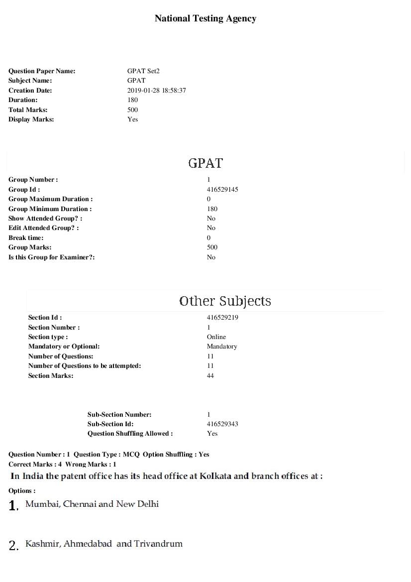 GPAT 2019 Question Paper Set 2 - Page 1