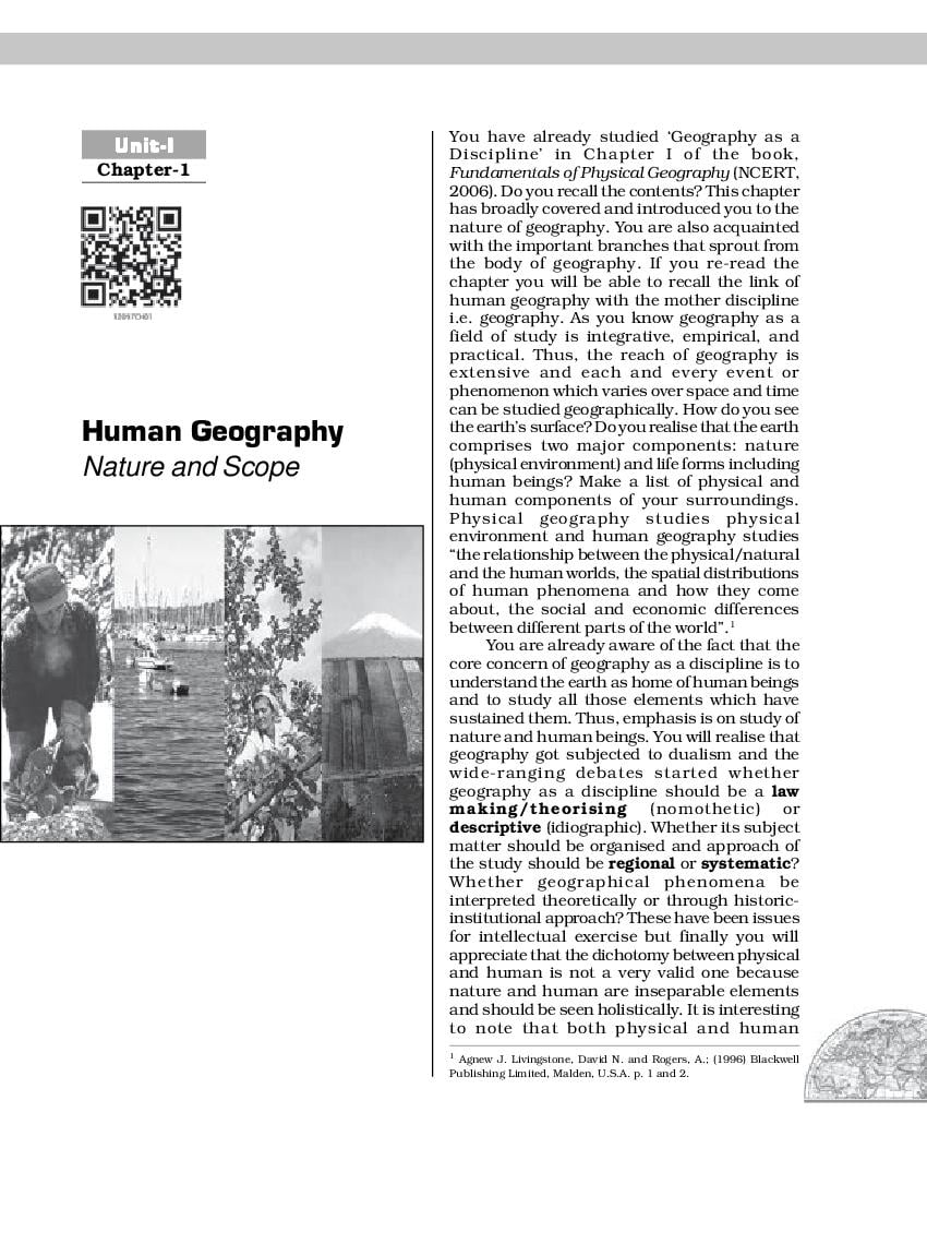 NCERT Book Class 12 Geography (Fundamentals Of Human Geography) Chapter 1 Human Geography Nature and Scope - Page 1