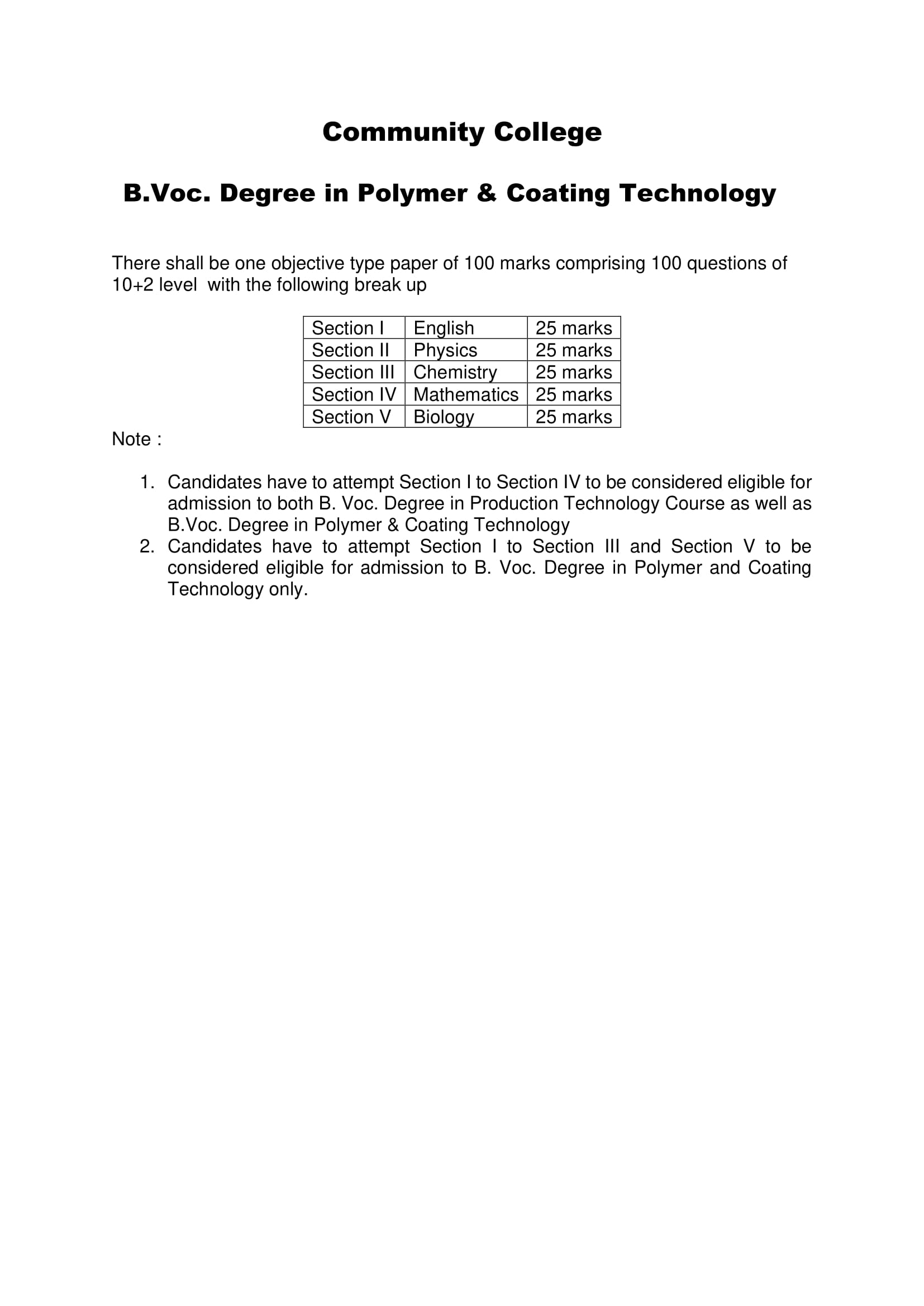 AMU Entrance Exam Syllabus for B.Voc. in Polymer & Coating Technology - Page 1