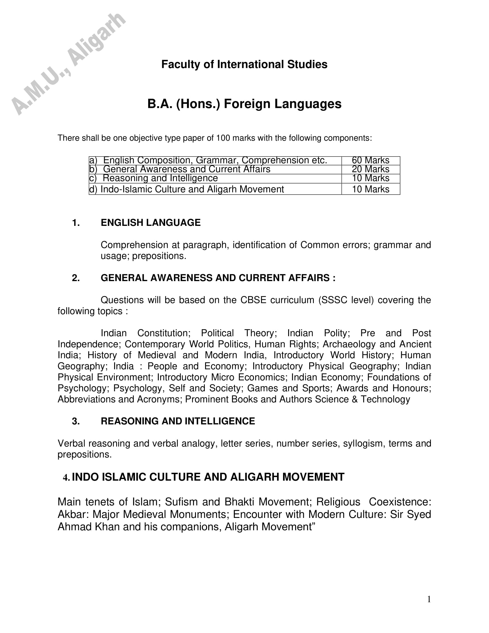 AMU Entrance Exam Syllabus for BA (Hons.) in Foreign Languages - Page 1