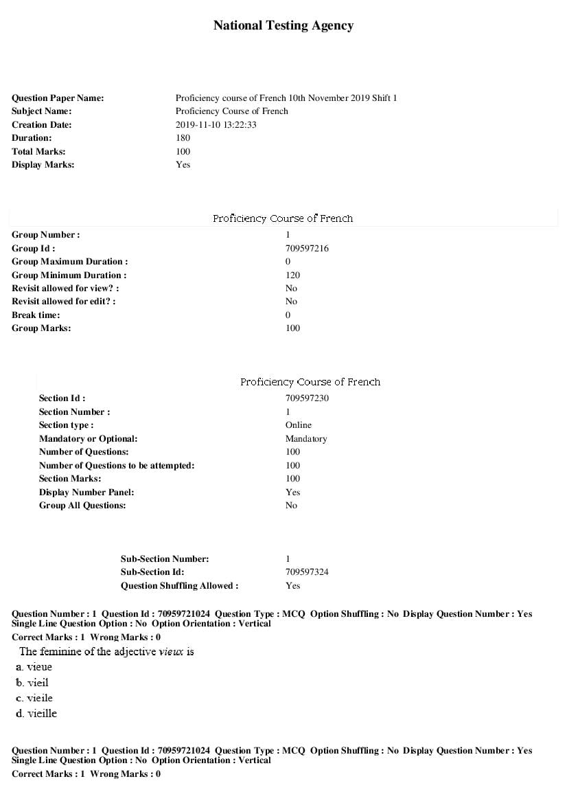 SWAYAM 2019 Question Paper Proficiency Course of French - Page 1