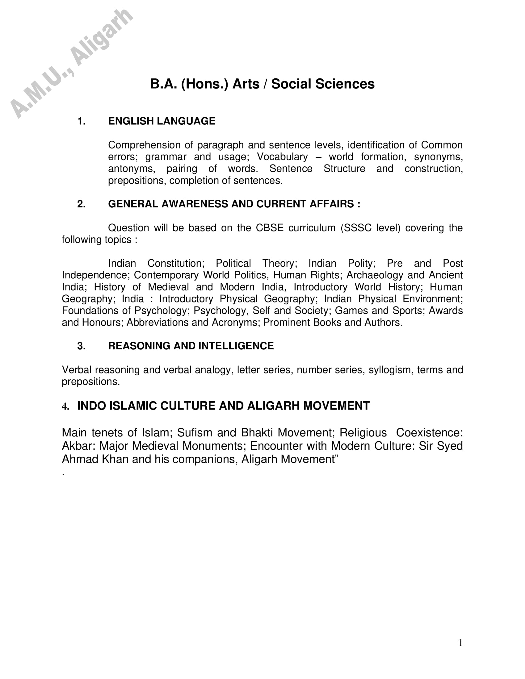 AMU Entrance Exam Syllabus for BA in Arts and Social Sciences - Page 1