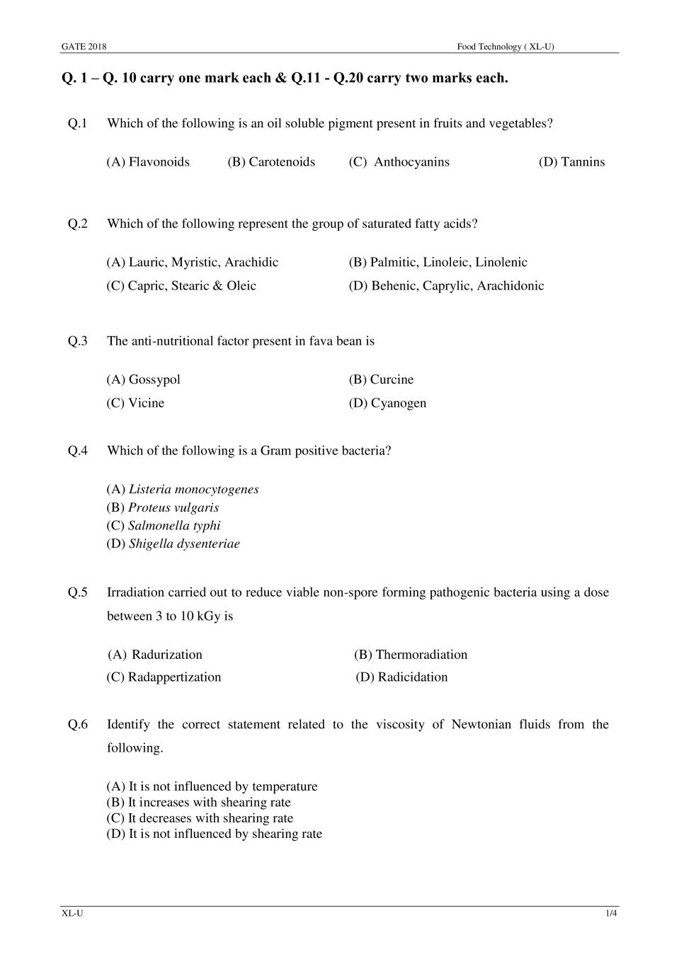 GATE 2018 Food Technology ( XL-U)  Question Paper with Answer - Page 1