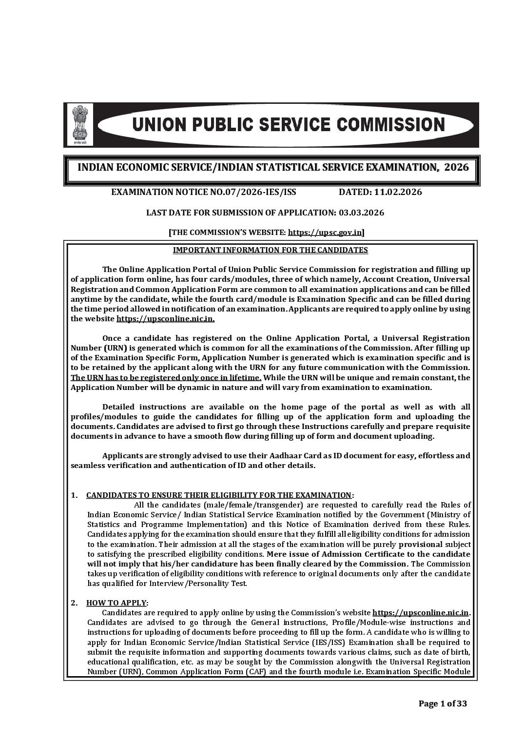 UPSC IES ISS 2026 Notification - Page 1 of 33
