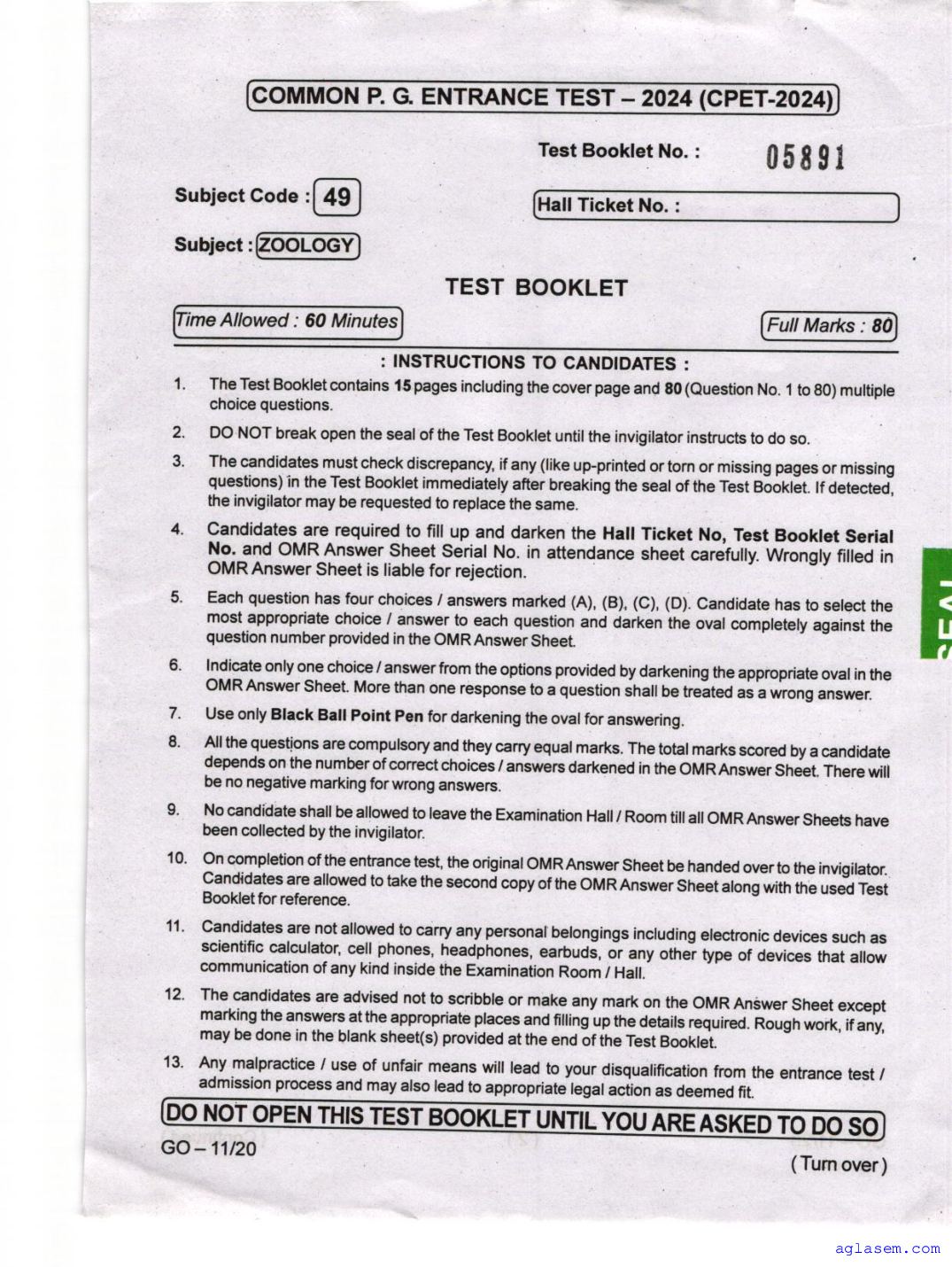 Odisha CPET 2024 Question Paper Zoology - Page 1 of 16