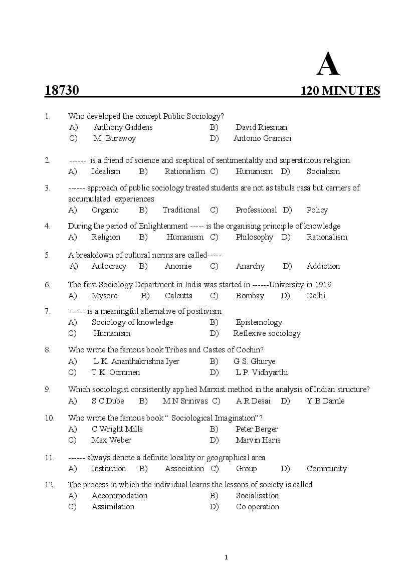 Kerala SET 2018 Jul Question Paper Sociology