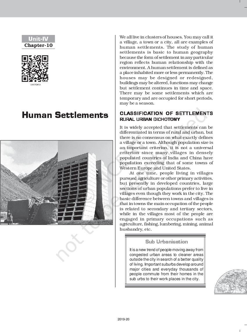 NCERT Book Class 12 Geography (Fundamentals Of Human Geography) Chapter 10 Human Settlements - Page 1