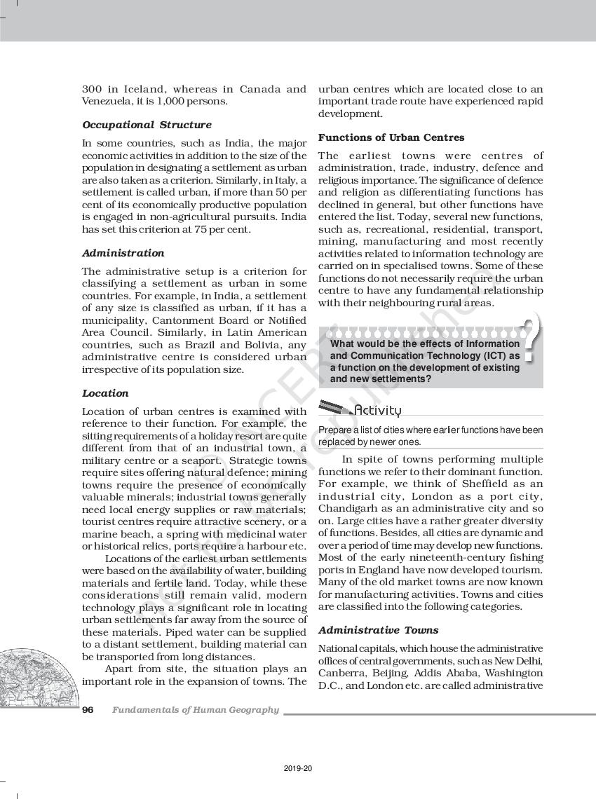 NCERT Book Class 12 Geography Chapter 10 Human Settlements