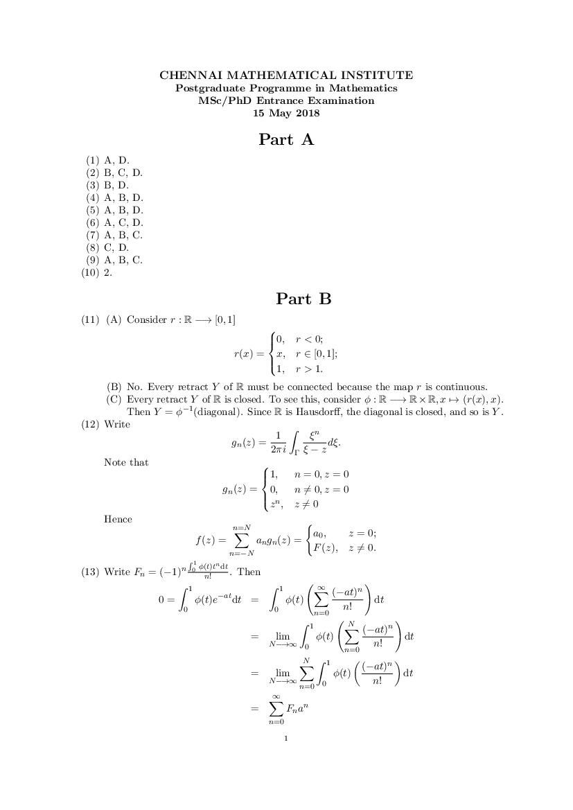 CMI Entrance Exam 2018 Question Paper Solution M.Sc Maths - Page 1